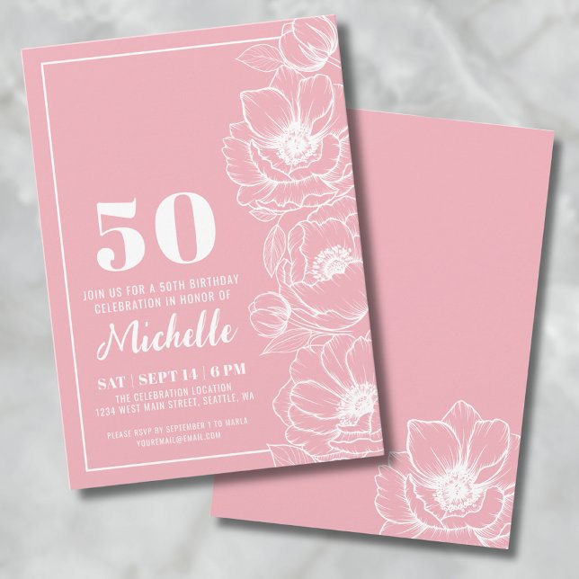 Pink Floral 50. Geburtstag Einladung (Pink Floral 50th Birthday Invitation )
