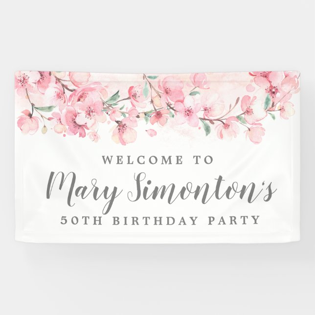 Pink Floral 50. Geburtstag Willkommen Banner (Horizontal)