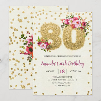 Pink Floral 80. Geburtstag Einladung