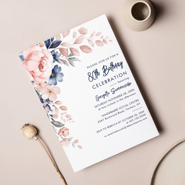 Pink Floral 80. Geburtstag Party Script Einladung (Watercolor Pink Floral 80th Birthday Party Invitation)