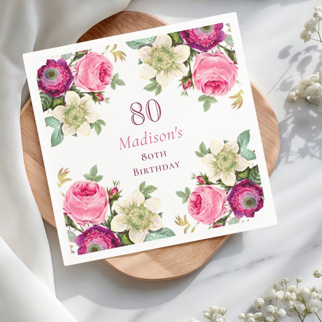 Pink Floral 80. Geburtstag Serviette (Von Creator hochgeladen)