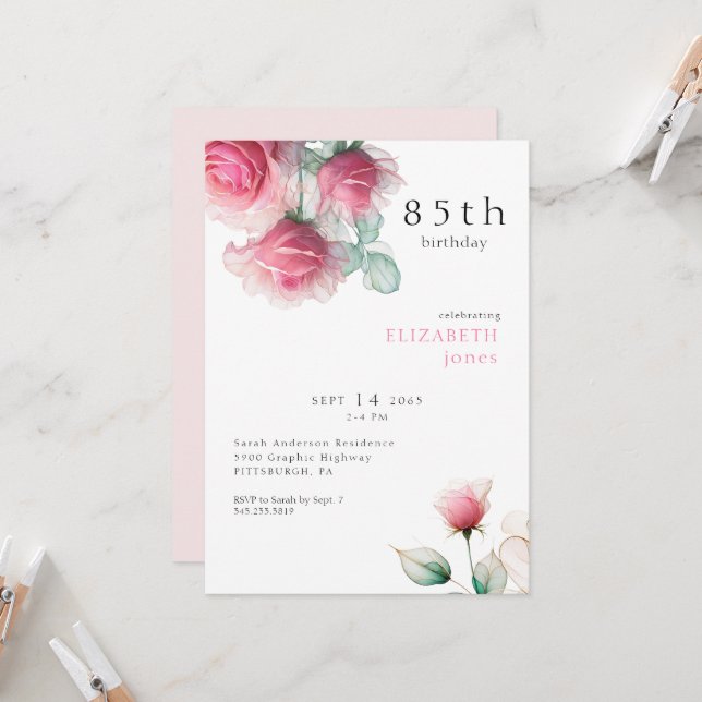 Pink Floral 85. Geburtstagsparty Einladung (Vorderseite/Rückseite Beispiel)
