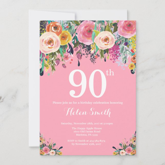 Pink Floral 90. Geburtstag Einladung (Vorderseite)