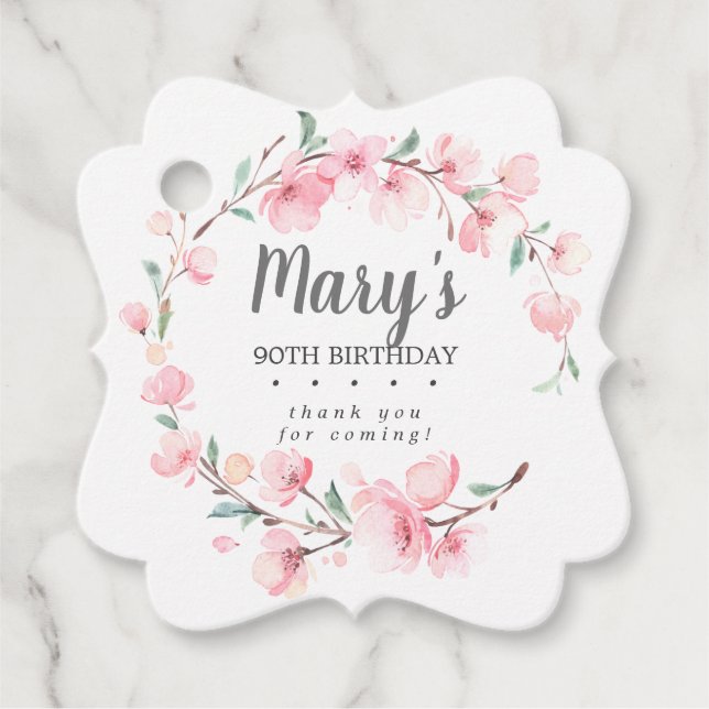 Pink Floral 90. Geburtstag Vielen Dank Geschenkanhänger (Vorderseite)