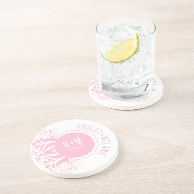 Pink Floral Accent Wedding Coaster Getränkeuntersetzer (Seite)