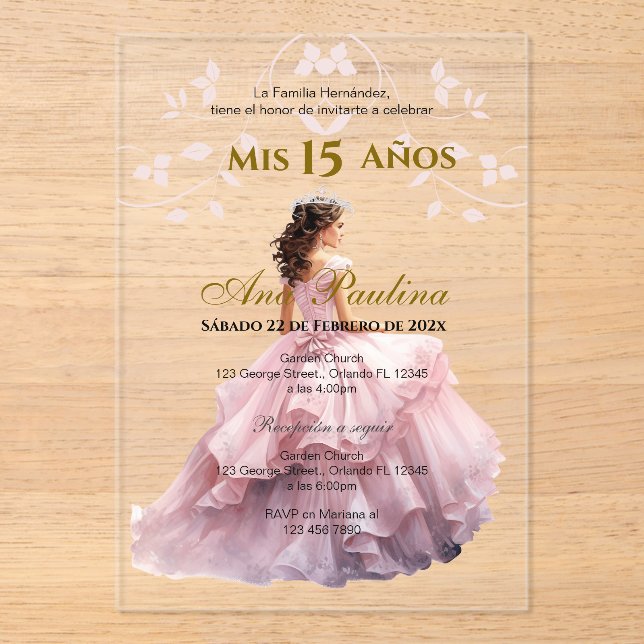 Pink Floral Acrylic Quinceañera Spanische Einladun Acryleinladungen (Vorderseite)