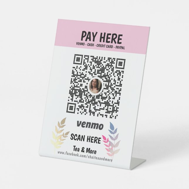 Pink floral Add QR Code Venmo Bezahlung hier Sockelschild (Vorderseite)