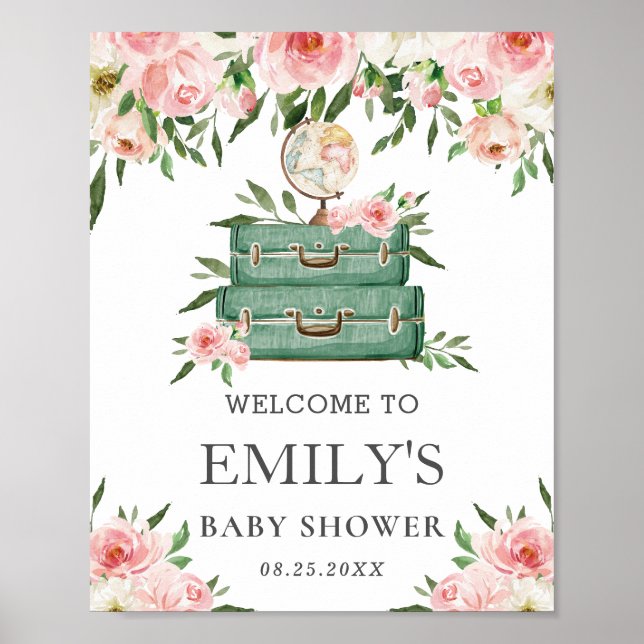Pink Floral Adventure Journey Baby Dusche Willkomm Poster (Vorne)