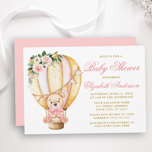 Pink Floral Air Ballon Teddy Bear Baby Dusche Einladung (Customize to change text color, size, style or to change color of back of card.)
