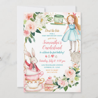 Pink Floral Alice Tee 1. Geburtstag Einladung Mädc