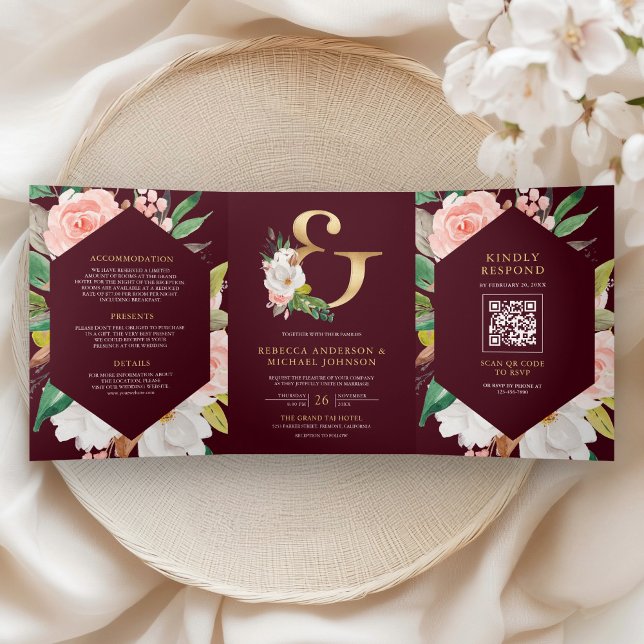 Pink Floral Ampersand Burgundy QR Code Wedding Dreifach Gefaltete Einladung (Von Creator hochgeladen)