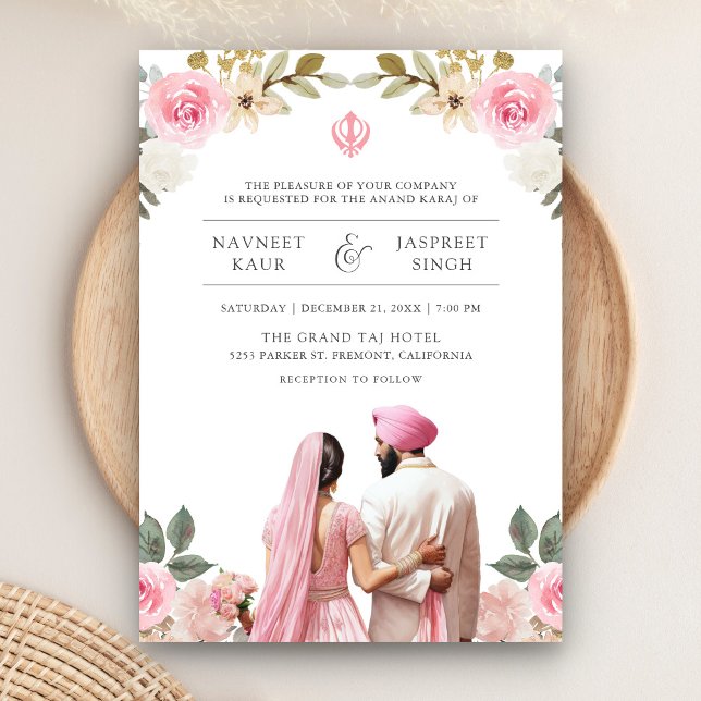 Pink Floral Anand Karaj Indian Sikh Wedding Einladung (Von Creator hochgeladen)