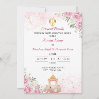 Pink Floral Anand Karaj Invitation card Einladung