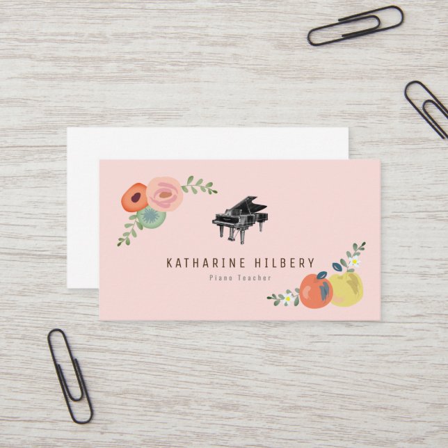 Pink Floral Apple Piano Teacher Business Card Visitenkarte (Vorderseite/Rückseite Beispiel)