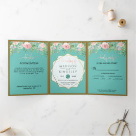 Pink Floral Aquamarin Wedding Fab ELEGANT Dreifach Gefaltete Einladung