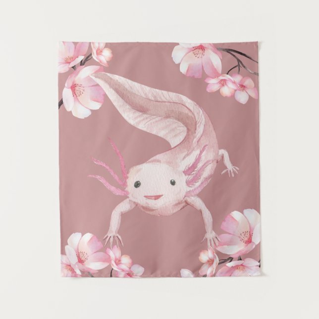 Pink Floral Axolotl Tapestry Wandteppich (Vorderseite)