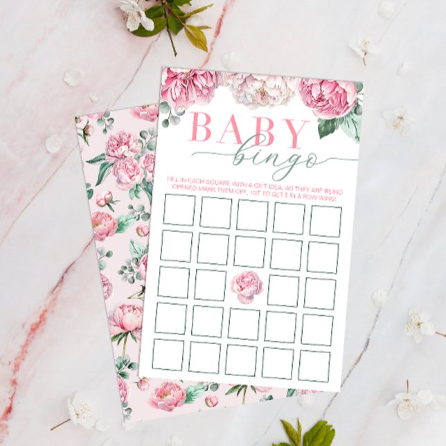 Pink Floral Baby Bingo Baby Duschaktivität (Floral Peony Roses - Baby Shower Bingo Activity Game)