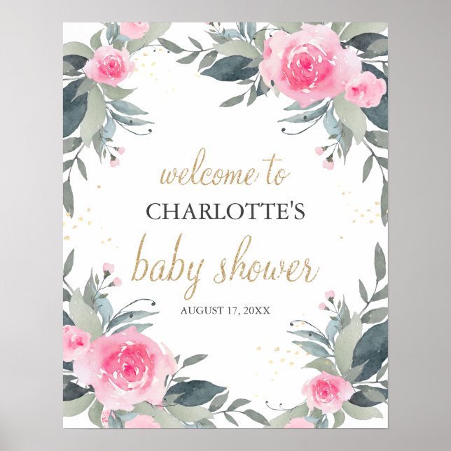 Pink Floral Baby Dusche Begrüßungszeichen Poster (Vorne)
