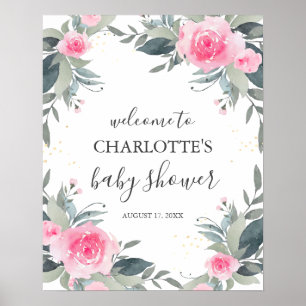 Pink Floral Baby Dusche Begrüßungszeichen Poster
