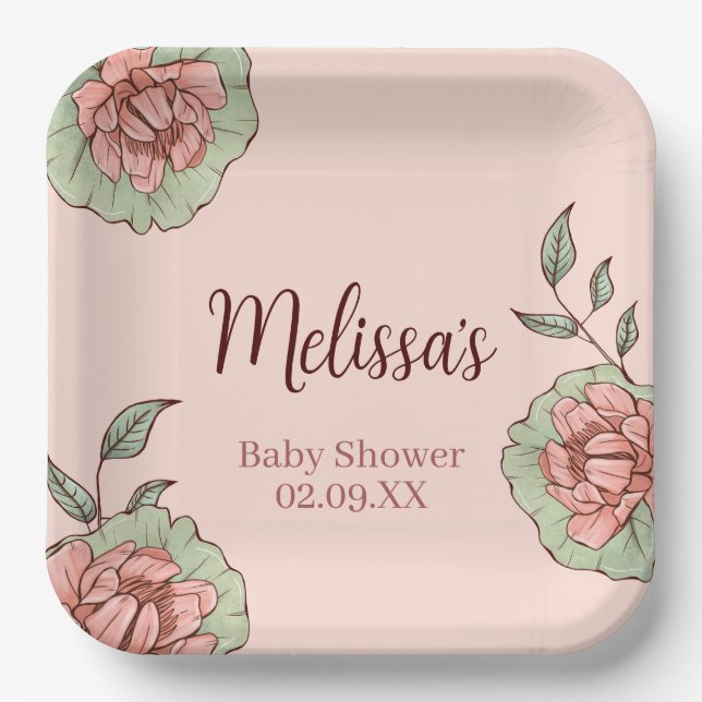 Pink Floral Baby Dusche Pappteller (Vorderseite)