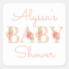 Pink Floral Baby Dusche Quadratischer Aufkleber