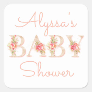Pink Floral Baby Dusche Quadratischer Aufkleber