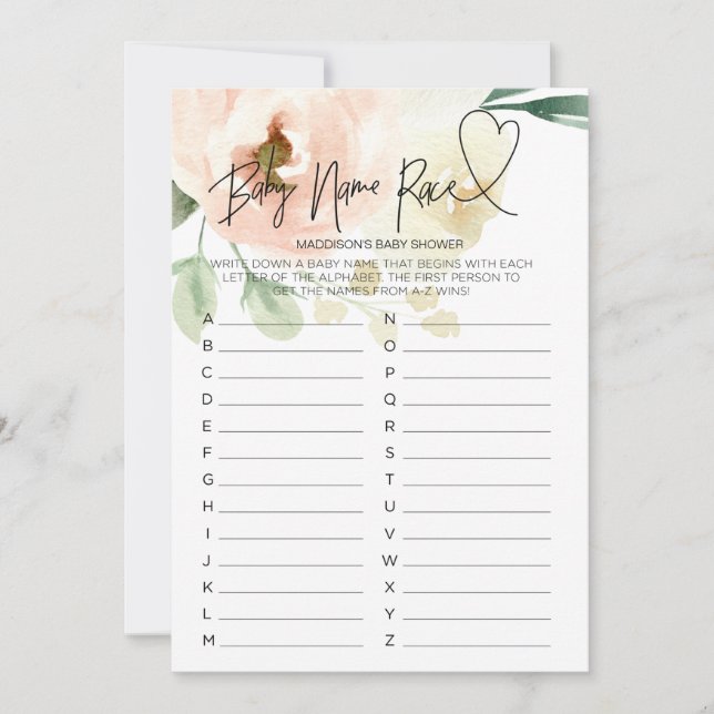 Pink Floral Baby Dusche Spiel Baby Name Race Card Einladung (Vorderseite)