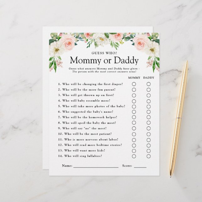 Pink Floral Baby Duschkopf Game Guess Wer (Vorderseite/Rückseite Beispiel)
