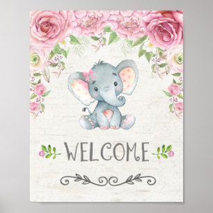 Pink Floral Baby Elephant Girl Begrüßung Plakat