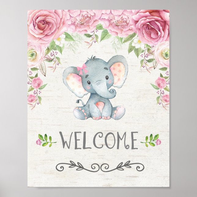 Pink Floral Baby Elephant Girl Begrüßung Plakat (Vorne)