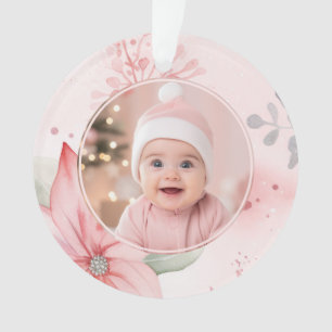 Pink Floral Baby First Christmas Foto Ornament