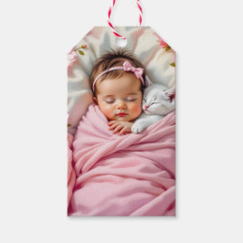Pink Floral Baby Girl and White Kitten Geschenkanhänger