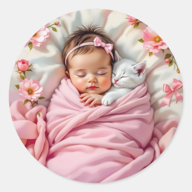 Pink Floral Baby Girl and White Kitten Runder Aufkleber (Vorderseite)