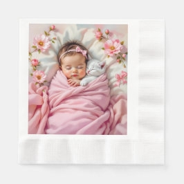 Pink Floral Baby Girl and White Kitten Serviette