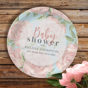 Pink Floral Baby Girl Dusche Botanischer Pinsel Ro Pappteller