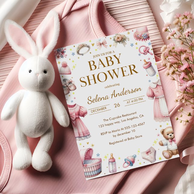Pink Floral Baby Girl Shower Invitation with Toys  Einladung (Von Creator hochgeladen)