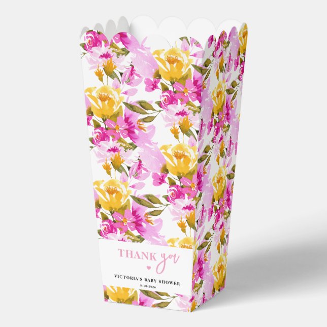 Pink Floral Baby in Bloom Baby Dusche Popcorn Geschenkschachtel (Vorderseite)