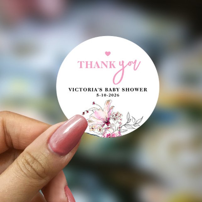 Pink Floral Baby in Bloom Baby Dusche Runder Aufkleber (Von Creator hochgeladen)