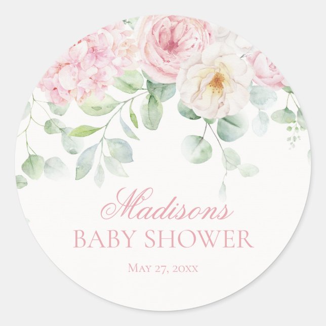 Pink Floral Baby in Bloom Baby Dusche Siegel einla Runder Aufkleber (Vorderseite)