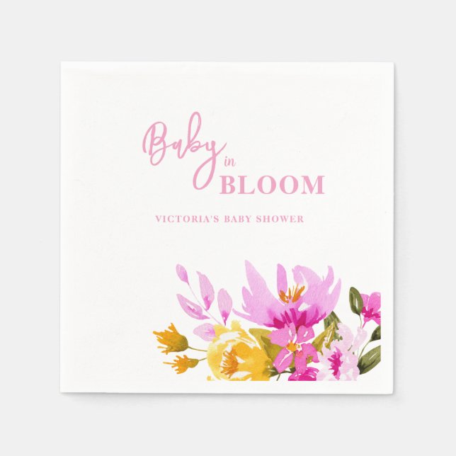 Pink Floral Baby in Bloom Baby Shower Serviette (Vorderseite)