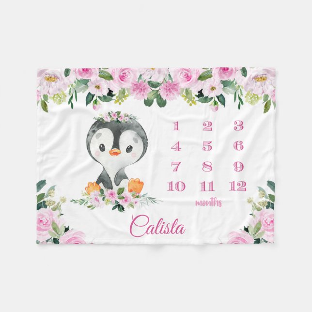 Pink Floral Baby Name Monthly Milestone Pinguin Fleecedecke (Vorderseite (Horizontal))