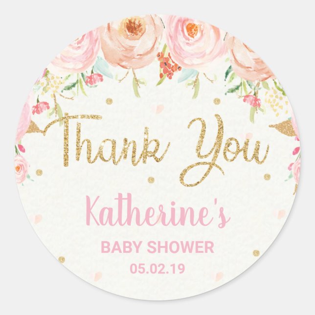 Pink Floral Baby Shower Baby Girl Vielen Dank Runder Aufkleber (Vorderseite)