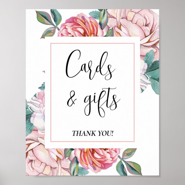 Pink Floral Baby Shower Cards and Gifts sign Poster (Vorne)