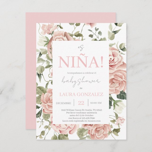 Pink Floral Baby Shower Girl Einladung (Vorne/Hinten)