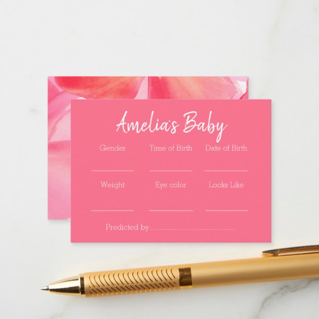 Pink Floral Baby Shower Predictions Spiel Begleitkarte (Vorderseite/Rückseite Beispiel)