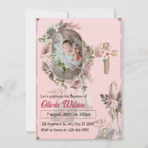 Pink Floral Baby Taufe Einladung Modernes Minim