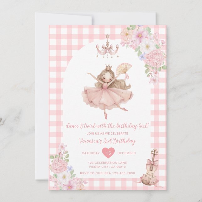 Pink Floral Ballerina Dance and Twirl Birthday Einladung (Vorderseite)