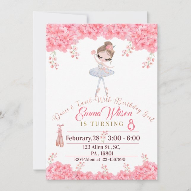 Pink Floral Ballerina Puppe Geburtstag Einladung (Vorderseite)