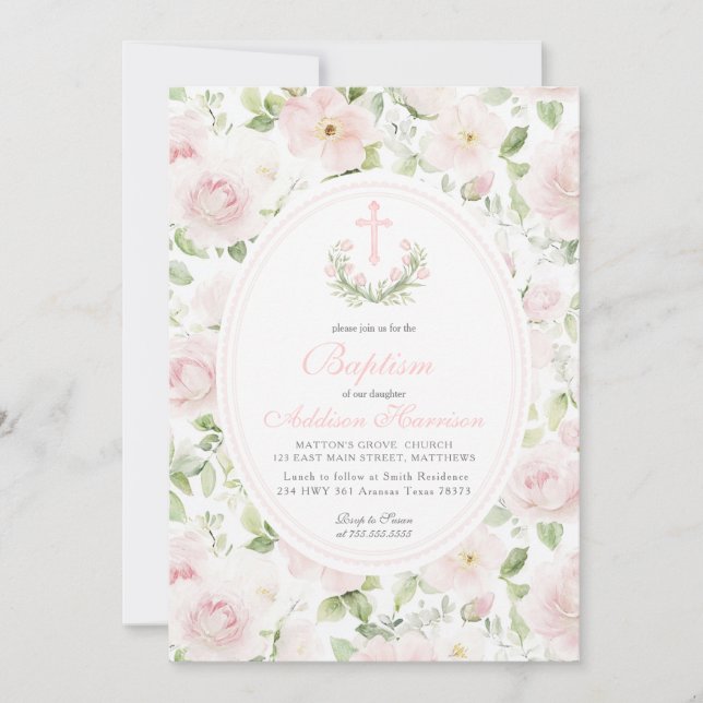 Pink floral Baptism Invitation, Girl Baptism,  Einladung (Vorderseite)