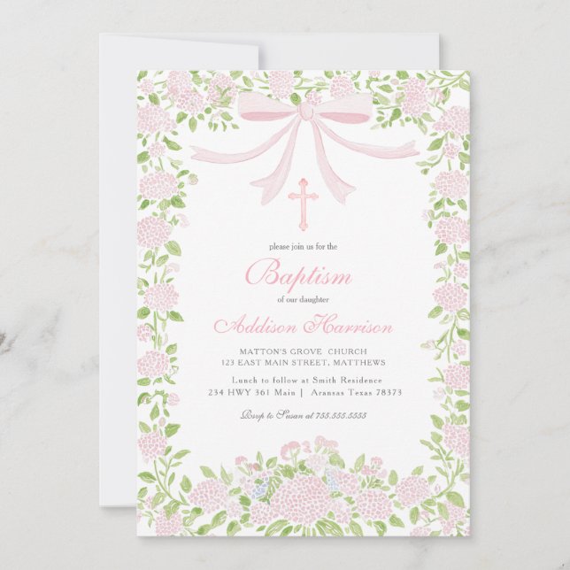 Pink floral Baptism Invitation, Girl Baptism,  Einladung (Vorderseite)